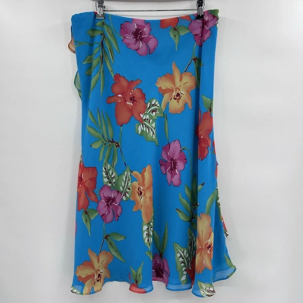 Chaps Womens Tropical‎ Floral Ruffled Midi Skirt Size L Blue Bloomcore Fairy
